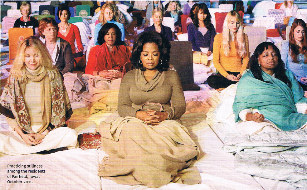 Oprah writes in O Mag about her visit to TM Town and meditating with ladies in their Golden Dome (2/3)